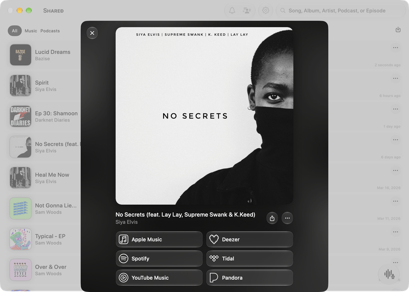 The Shared window on Mac showing Media View for No Secrets (feat. Lay Lay, Supreme Swank & K.Keed), light appearance.