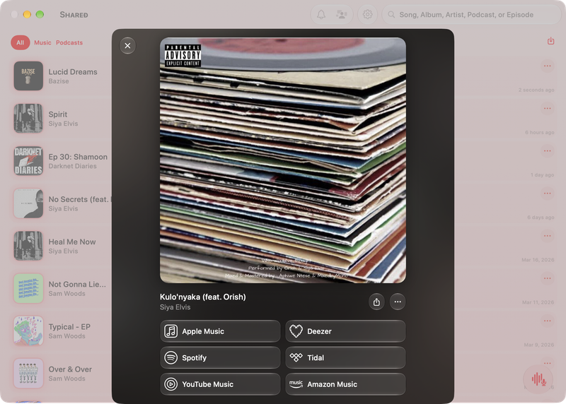 The Shared window on Mac showing Media View for Kulo'nyaka (feat. Orish), light appearance.