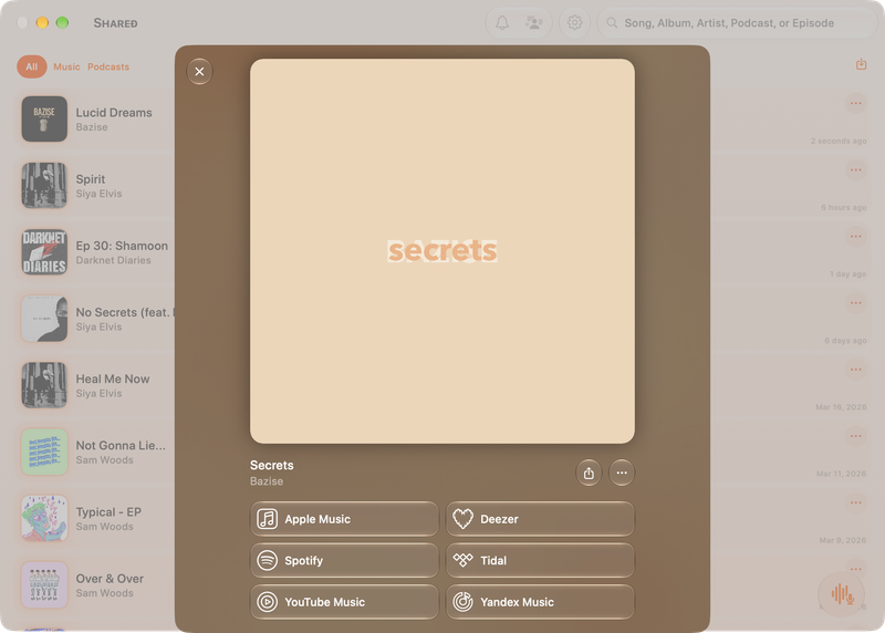 The Shared window on Mac showing Media View for Secrets, light appearance.
