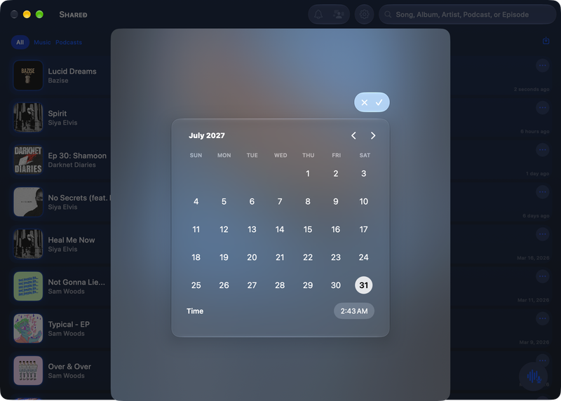 The Shared window on Mac showing Reminder Picker in the Blue tint, dark appearance.