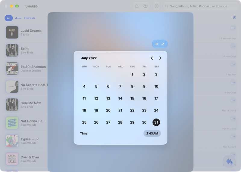 The Shared window on Mac showing Reminder Picker in the Blue tint, light appearance.