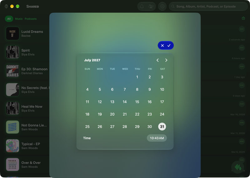 The Shared window on Mac showing Reminder Picker in the Green tint, dark appearance.