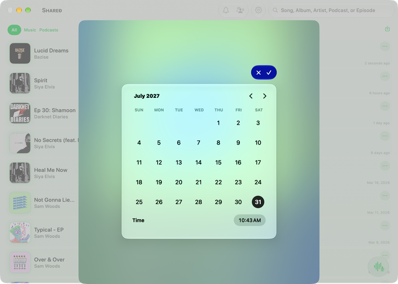 The Shared window on Mac showing Reminder Picker in the Green tint, light appearance.