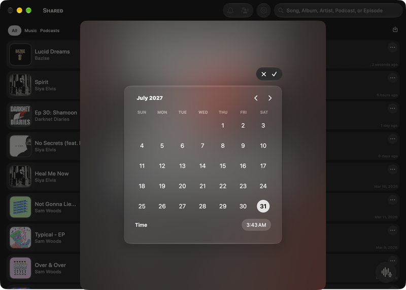 The Shared window on Mac showing Reminder Picker in the Grey tint, dark appearance.