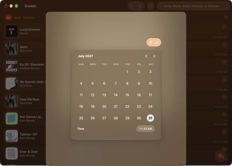 The Shared window on Mac showing Reminder Picker in the Orange tint, dark appearance.