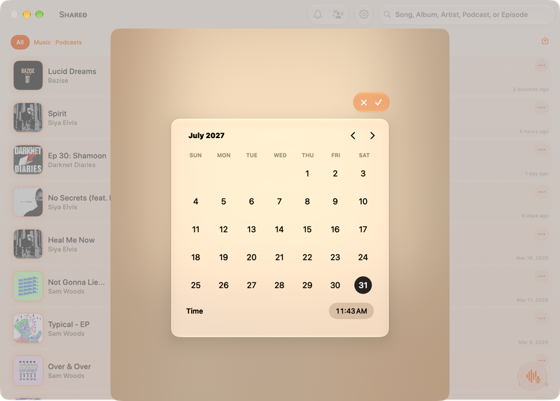 The Shared window on Mac showing Reminder Picker in the Orange tint, light appearance.