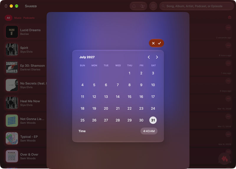 The Shared window on Mac showing Reminder Picker in the Pink tint, dark appearance.