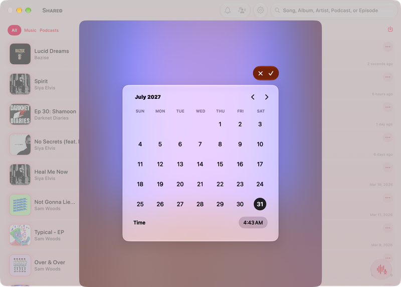 The Shared window on Mac showing Reminder Picker in the Pink tint, light appearance.