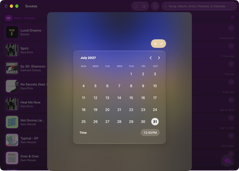 The Shared window on Mac showing Reminder Picker in the Purple tint, dark appearance.