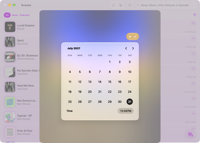 The Shared window on Mac showing Reminder Picker in the Purple tint, light appearance.