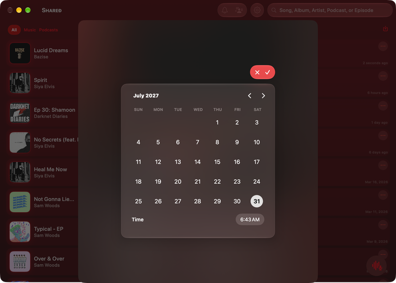 The Shared window on Mac showing Reminder Picker in the Red tint, dark appearance.