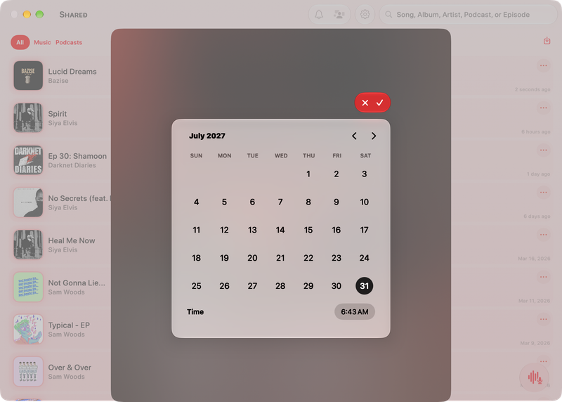 The Shared window on Mac showing Reminder Picker in the Red tint, light appearance.