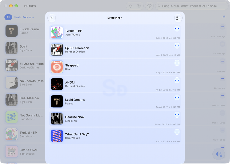 The Shared window on Mac showing Reminders in the Blue tint, light appearance.