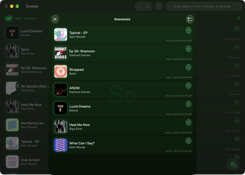 The Shared window on Mac showing Reminders in the Green tint, dark appearance.