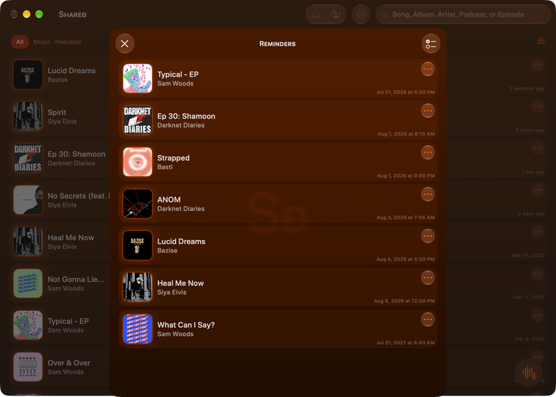 The Shared window on Mac showing Reminders in the Orange tint, dark appearance.