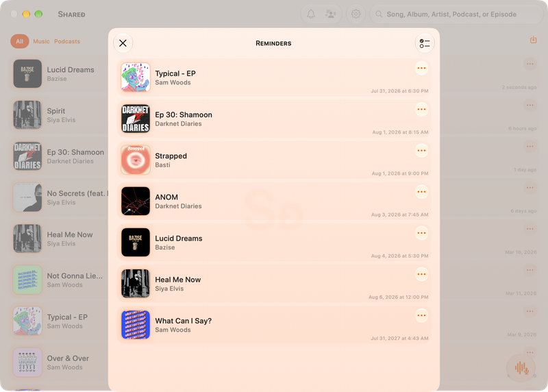 The Shared window on Mac showing Reminders in the Orange tint, light appearance.