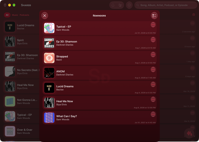 The Shared window on Mac showing Reminders in the Pink tint, dark appearance.