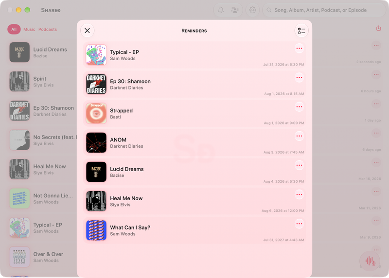 The Shared window on Mac showing Reminders in the Pink tint, light appearance.