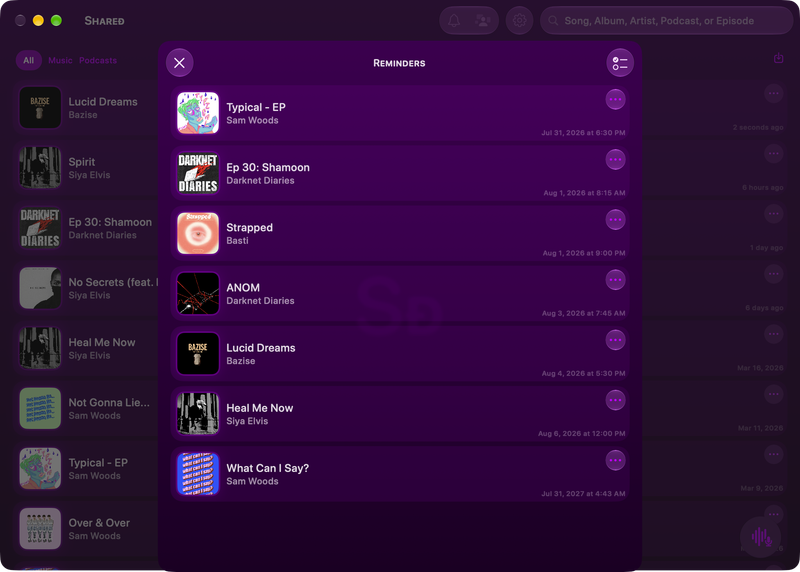 The Shared window on Mac showing Reminders in the Purple tint, dark appearance.