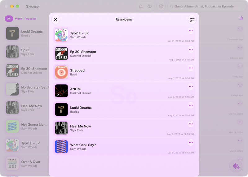 The Shared window on Mac showing Reminders in the Purple tint, light appearance.