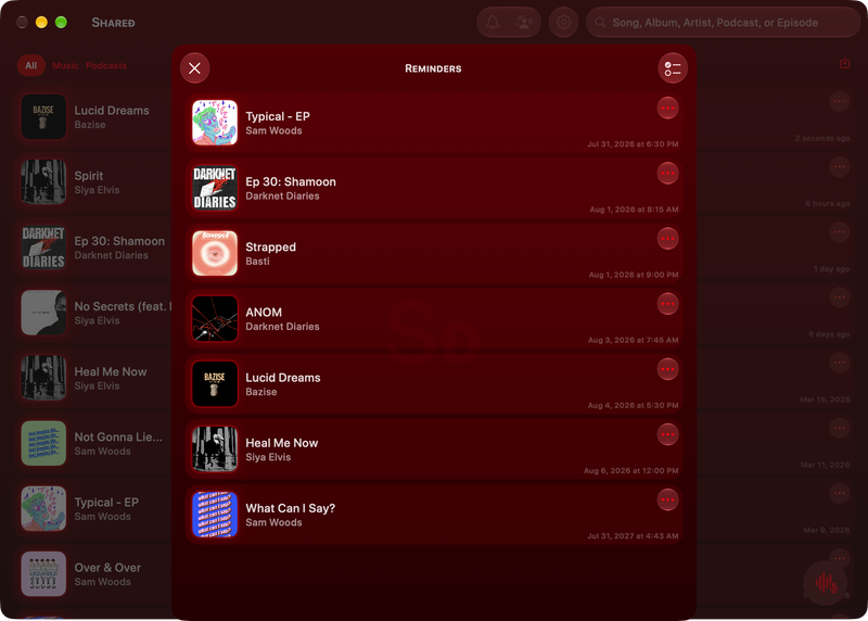 The Shared window on Mac showing Reminders in the Red tint, dark appearance.