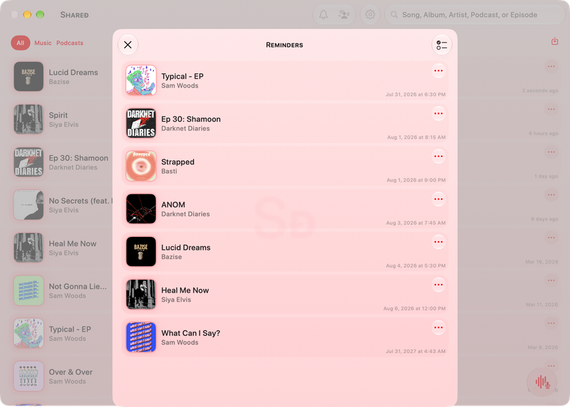 The Shared window on Mac showing Reminders in the Red tint, light appearance.