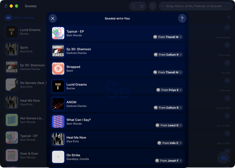 The Shared window on Mac showing Shared with You in the Blue tint, dark appearance.