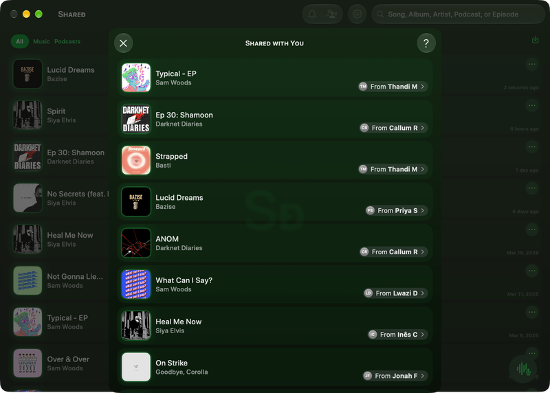 The Shared window on Mac showing Shared with You in the Green tint, dark appearance.
