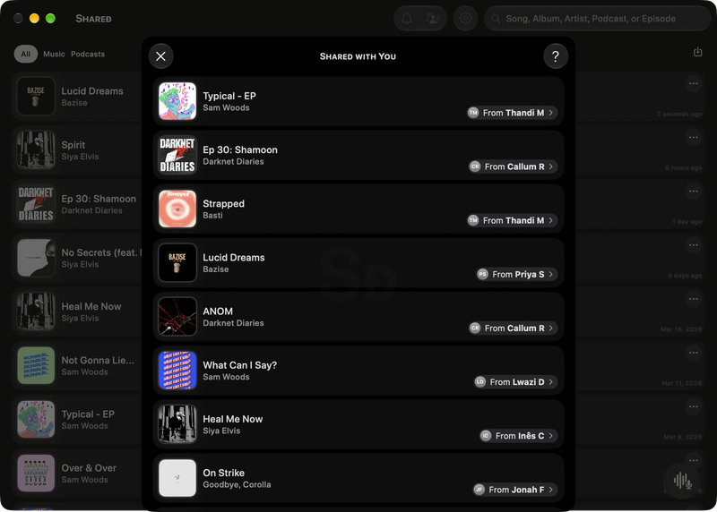 The Shared window on Mac showing Shared with You in the Grey tint, dark appearance.