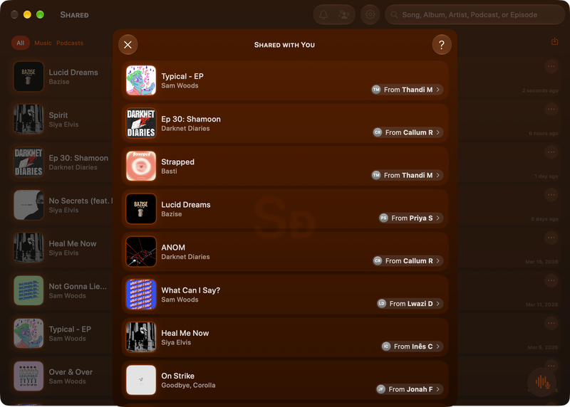 The Shared window on Mac showing Shared with You in the Orange tint, dark appearance.