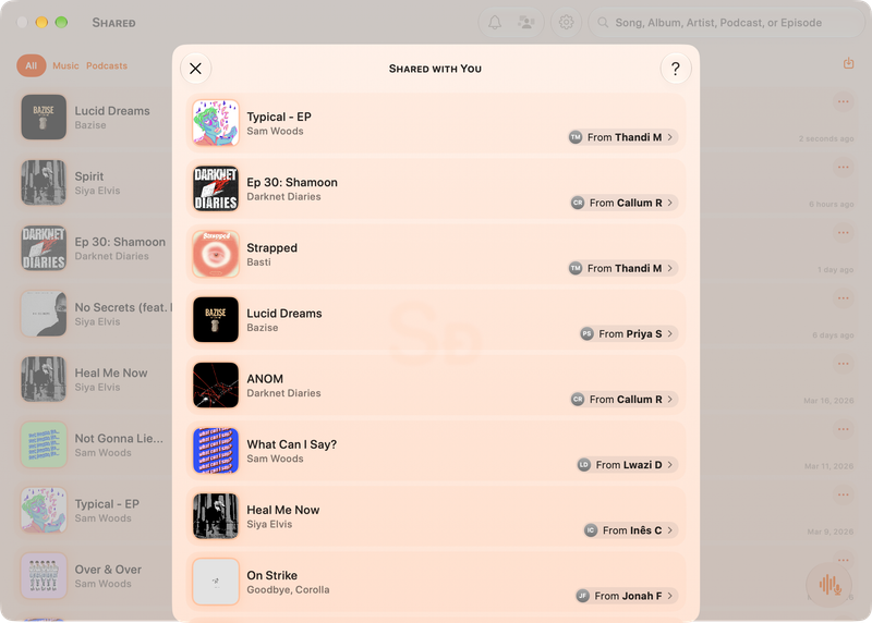 The Shared window on Mac showing Shared with You in the Orange tint, light appearance.