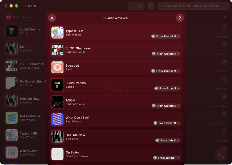 The Shared window on Mac showing Shared with You in the Pink tint, dark appearance.
