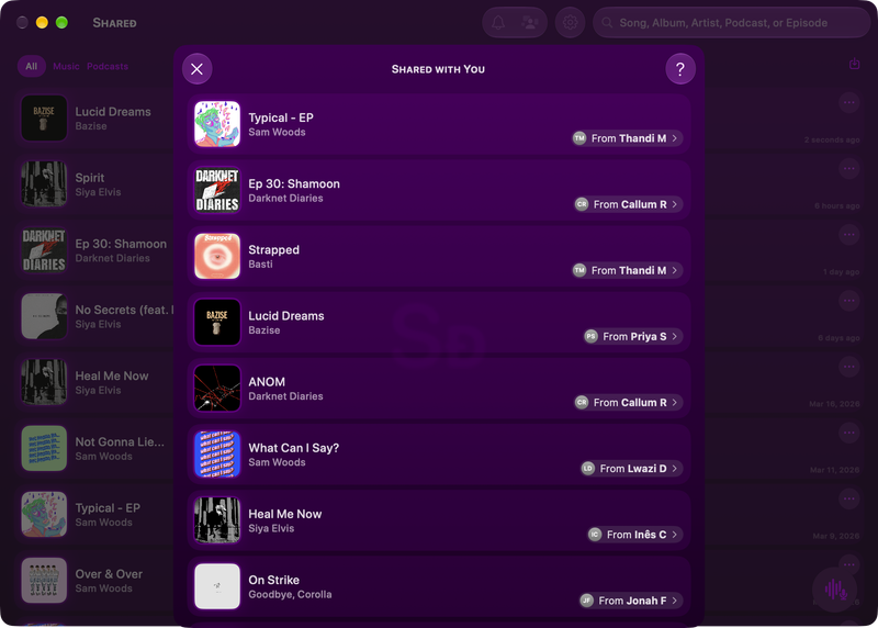 The Shared window on Mac showing Shared with You in the Purple tint, dark appearance.