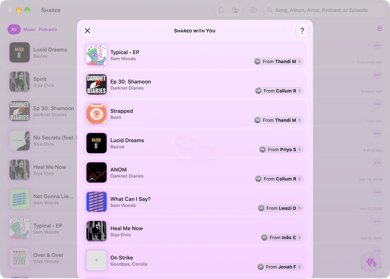 The Shared window on Mac showing Shared with You in the Purple tint, light appearance.