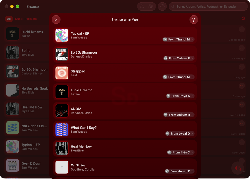The Shared window on Mac showing Shared with You in the Red tint, dark appearance.