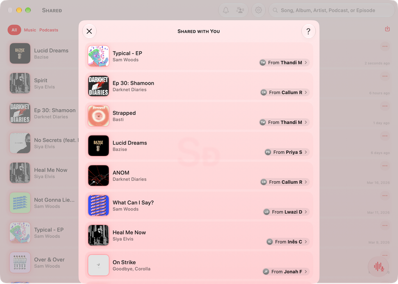 The Shared window on Mac showing Shared with You in the Red tint, light appearance.