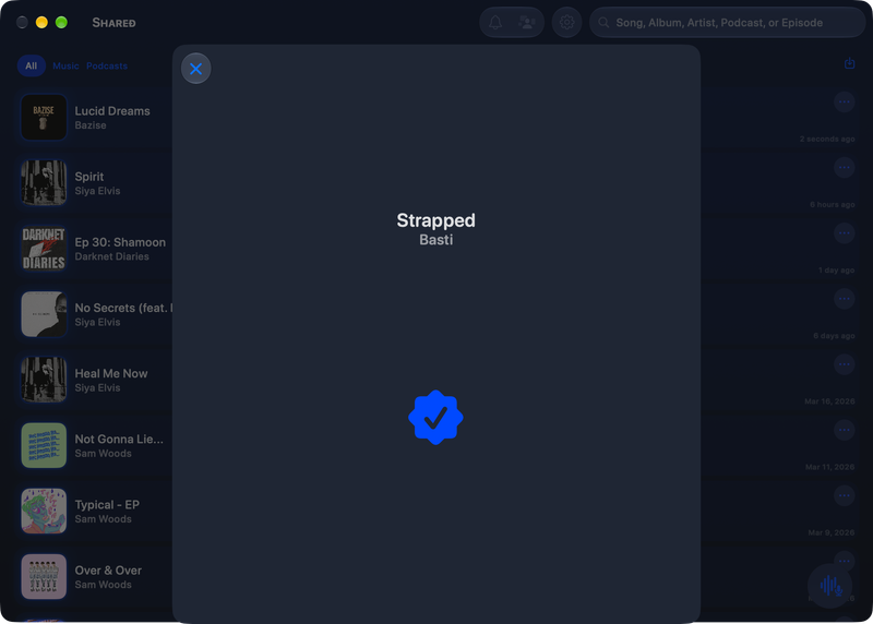 The Shared window on Mac showing Successful Match in the Blue tint, dark appearance.