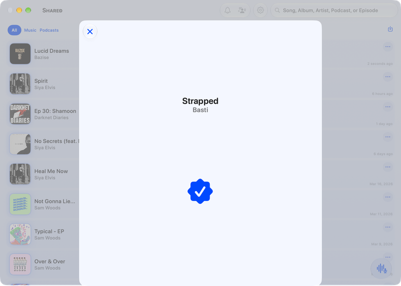 The Shared window on Mac showing Successful Match in the Blue tint, light appearance.
