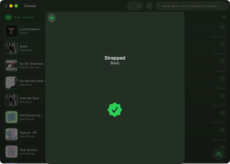 The Shared window on Mac showing Successful Match in the Green tint, dark appearance.