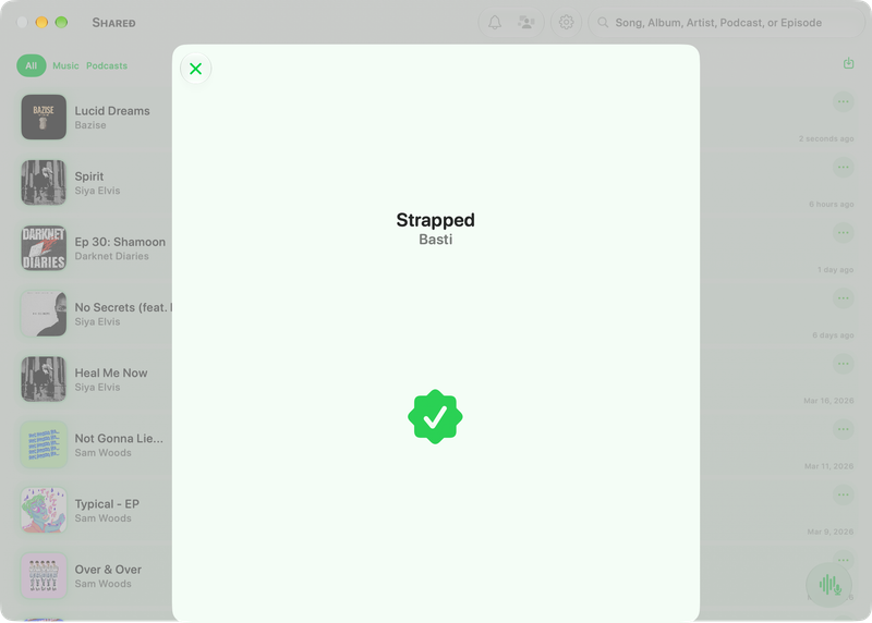 The Shared window on Mac showing Successful Match in the Green tint, light appearance.