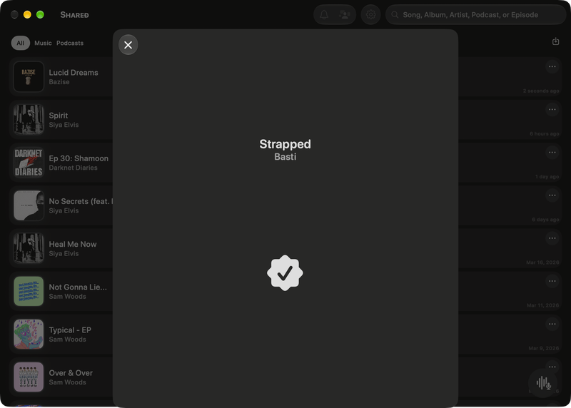 The Shared window on Mac showing Successful Match in the Grey tint, dark appearance.