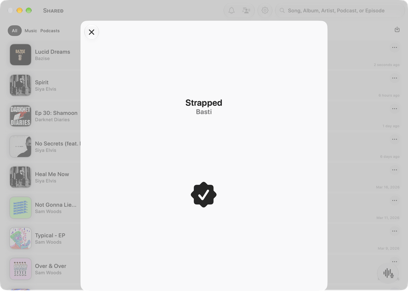 The Shared window on Mac showing Successful Match in the Grey tint, light appearance.