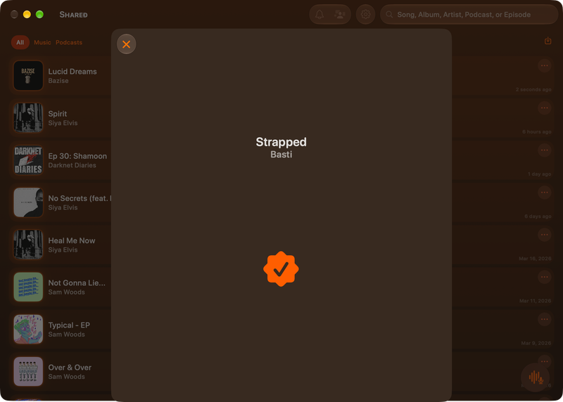 The Shared window on Mac showing Successful Match in the Orange tint, dark appearance.
