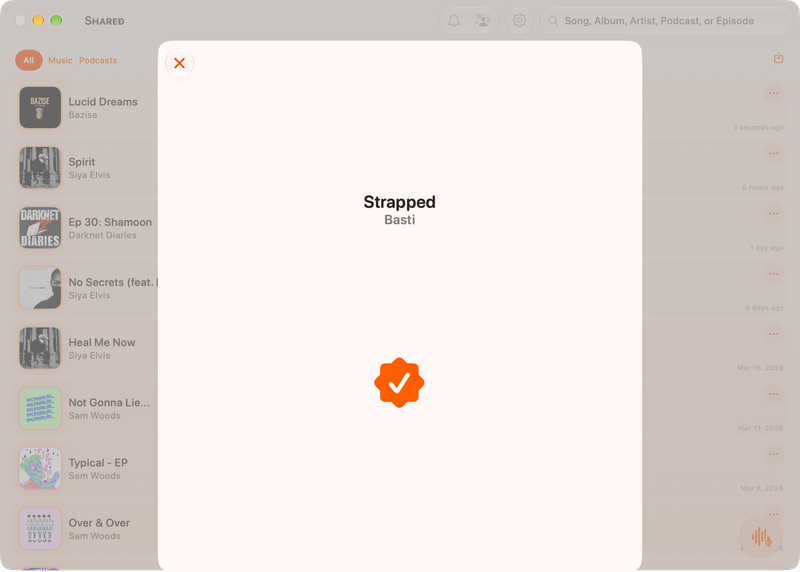 The Shared window on Mac showing Successful Match in the Orange tint, light appearance.