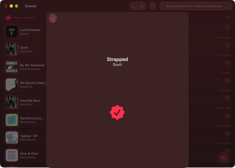 The Shared window on Mac showing Successful Match in the Pink tint, dark appearance.