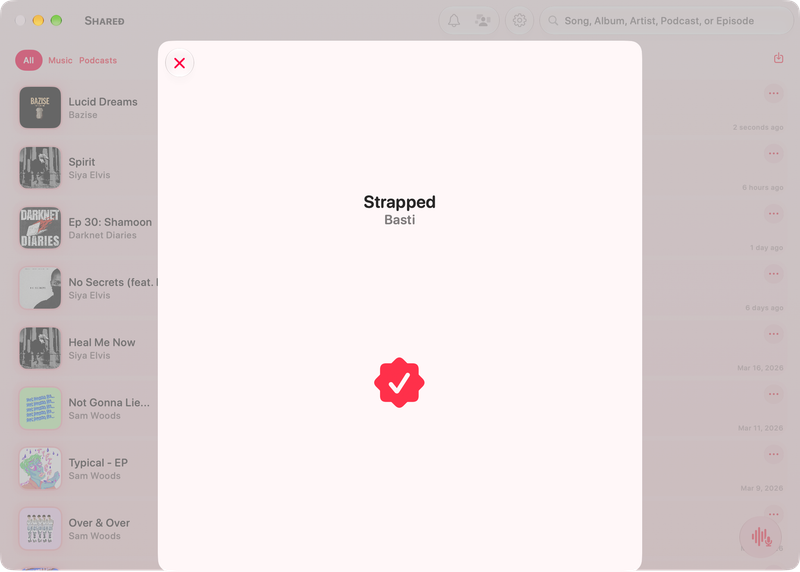 The Shared window on Mac showing Successful Match in the Pink tint, light appearance.