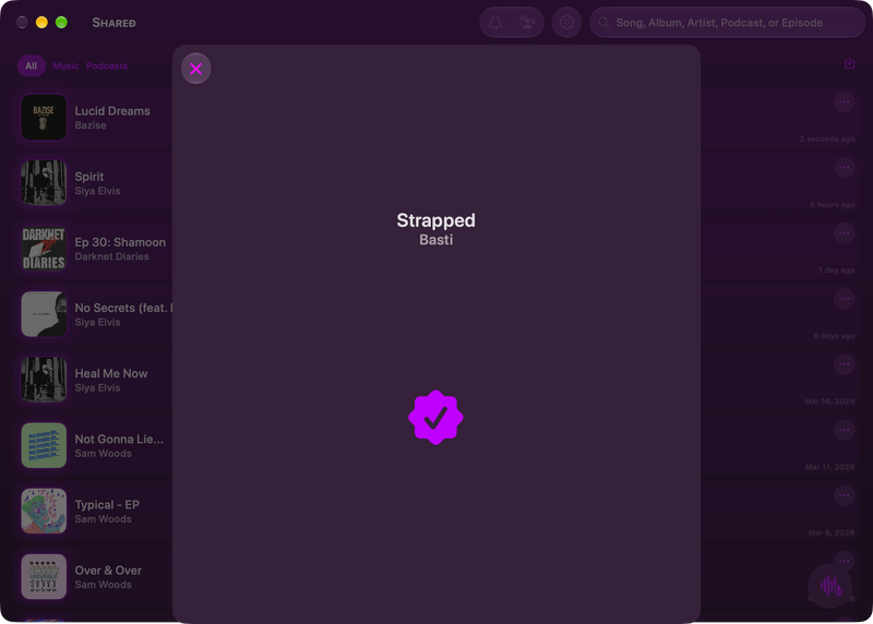 The Shared window on Mac showing Successful Match in the Purple tint, dark appearance.