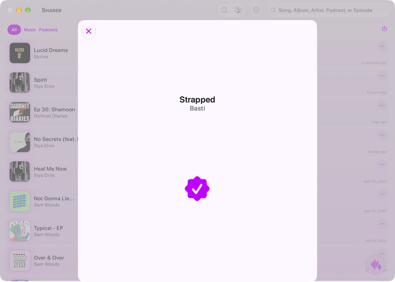 The Shared window on Mac showing Successful Match in the Purple tint, light appearance.