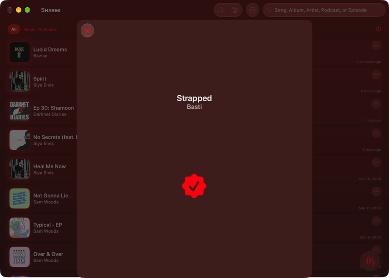 The Shared window on Mac showing Successful Match in the Red tint, dark appearance.