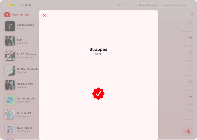 The Shared window on Mac showing Successful Match in the Red tint, light appearance.